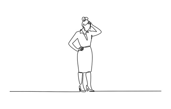 Continuous single line drawing of a stressed businesswoman standing with hand on forehead feeling tired and exhausted