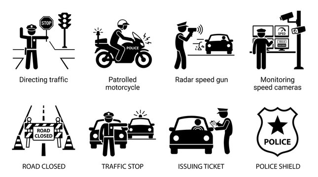 Police officer stick figure icon set, black traffic control pictograms, law enforcement and road safety symbols for design