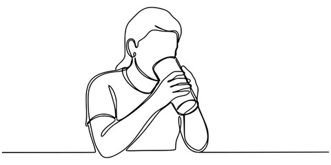 Obraz premium Continuous single line drawing of a woman drinking water from a glass cup showing a healthy lifestyle habit with simple minimalist style and clean black lines on a plain background for art decor