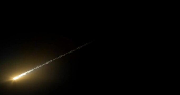 Glowing shooting star or meteor with a bright light trail falling diagonally against a black background. Cinematic space asteroid animation
