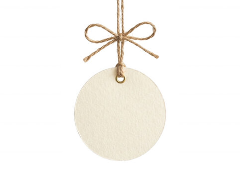 Round blank paper tag hanging on twine string on transparent