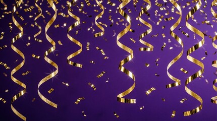 Obraz premium Golden metallic confetti rain falls on purple background. Shiny gold streamers, ribbons drop vertically for festive celebration. Luxury party decoration with sparkling glitter effect perfect for