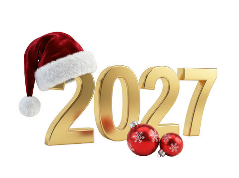 Golden 2027 numbers with Santa hat on transparent background