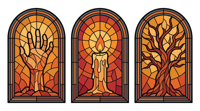 A hand rising from the ground, a candle glowing, and a tree are illustrated in stained glass, creating a mystical atmosphere.