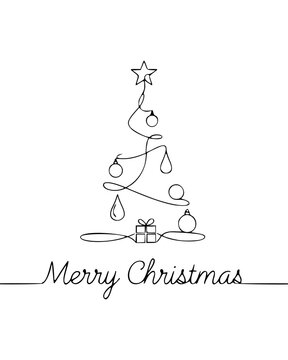 Minimalist Continuous Line Christmas Tree with Star, Ornaments and Gift