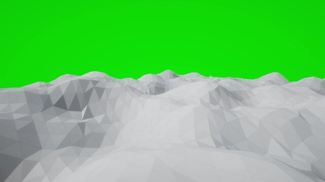 Polygonal white low poly mountain landscape undulating smoothly below an isolated green screen backdrop in a 3D animation