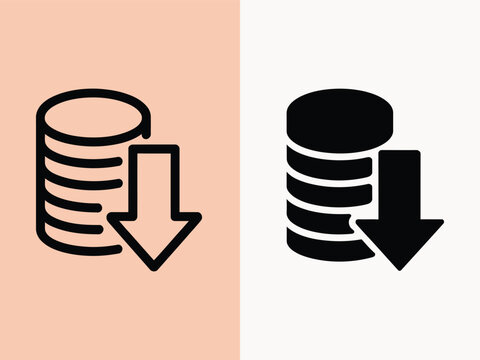 Two flat vector icons depicting a stack of coins with a downward arrow symbol representing financial decline