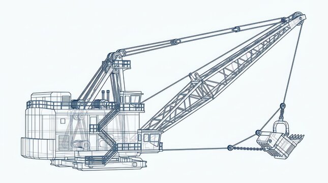 Industrial Dragline Excavator Technical Blueprint Line Drawing