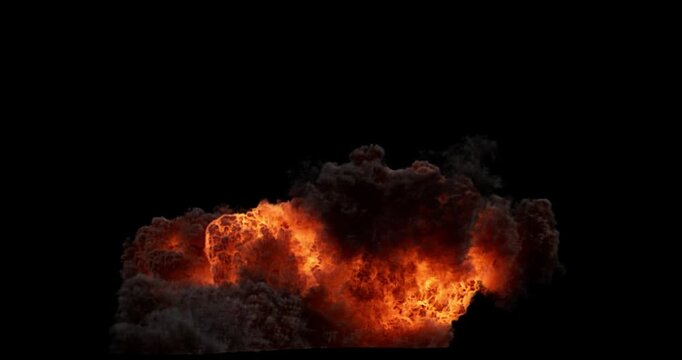 Massive realistic fire explosion with thick black smoke billowing on a black background. High-quality 3D VFX compositing element for cinematic action