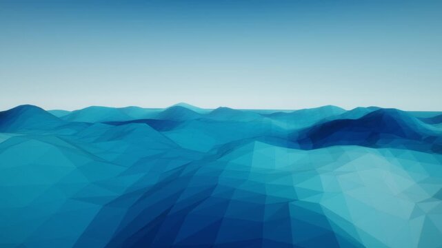 Cyan and azure low poly sea landscape undulating with geometric waves below a clear blue gradient sky in a bright 3D animation