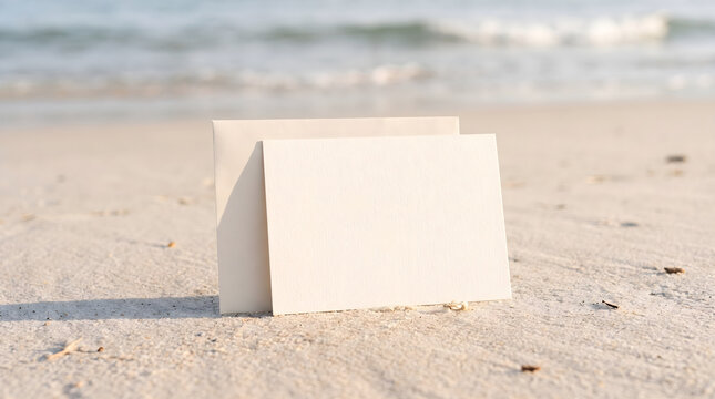 An elegant Oceanfront invitation mockup on a sunny sandy beach with soft ocean waves in the background.