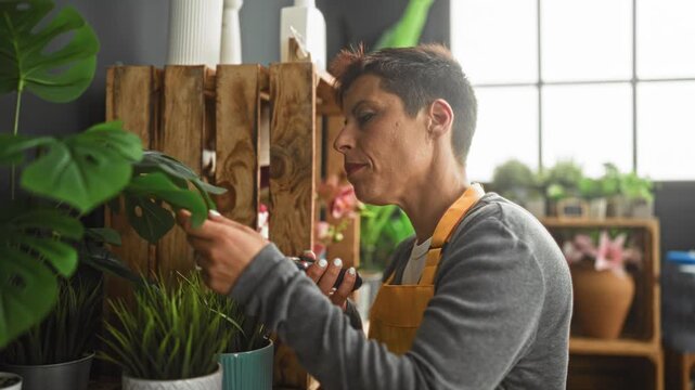 Woman florist trims a plant leaf with pruning shears, wearing an apron and steady hands among potted plants in a studio; quiet concentration.