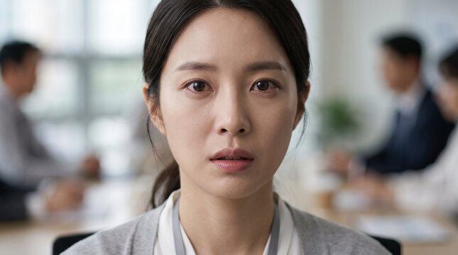 사무실에서 진지한 표정으로 정면을 바라보는 젊은 여성 직장인 &middot; Young Korean Office Worker with Serious Expression Looking at Camera