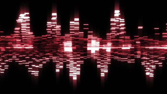 Futuristic red techno music equalizer with rhythmic glowing waveform, binary data block, frequency spectrum dashboard element isolated on black background for DJ, broadcast and concert screen