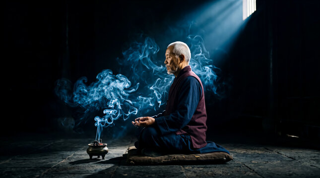 Senior man meditating in dark room with rising incense smoke and dramatic light beam. Zen buddhism, meditation, spirituality, mindfulness practice.