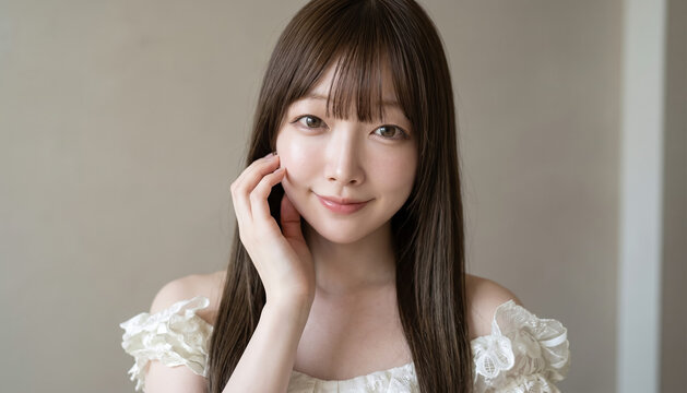 Japanese woman touching her cheek with a soft smile while wearing a white lace dress.