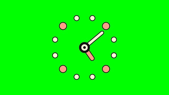 Flat Cartoon Clock Face with Rotating Hands on Green