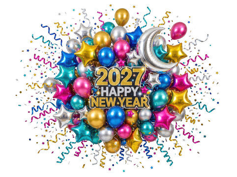 2027 Happy New Year composition with colorful balloons isolated