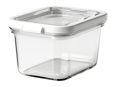 Clear, square food storage container with white snap on lid, perfect for organizing kitchen essentials. Its compact design ensures easy stacking and efficient space utilization., isolated