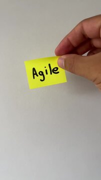 Hand holding agile sticky note on white background