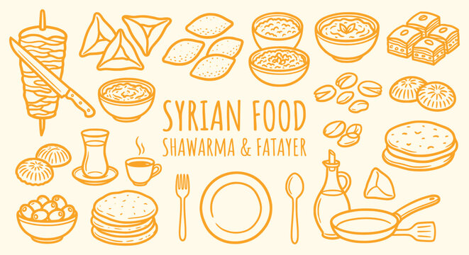 Syrian cultural food traditional cuisine doodle set. shawarma meat, fatayer pie, baklava, hummus, flatbread. for arab restaurant menu, travel guide. orange outline vector graphic art.