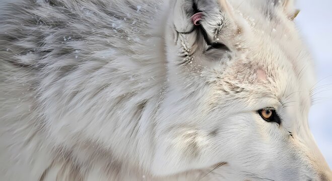 Close up portrait of a majestic white arctic wolf with intense golden eyes during a snowy winter day in the wild wilderness