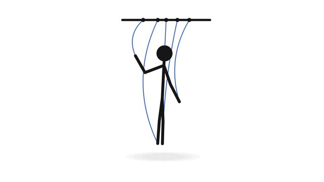 Stick Figure Puppet Dangling from Blue Strings