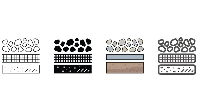 Set of ground soil profile cross section icons showing road construction layers