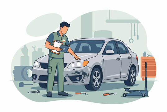 Car Insurance Expert Inspecting Damaged Vehicle for Claim Process