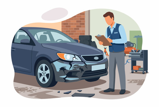 Insurance Adjuster Inspecting Car Accident Damage in Workshop