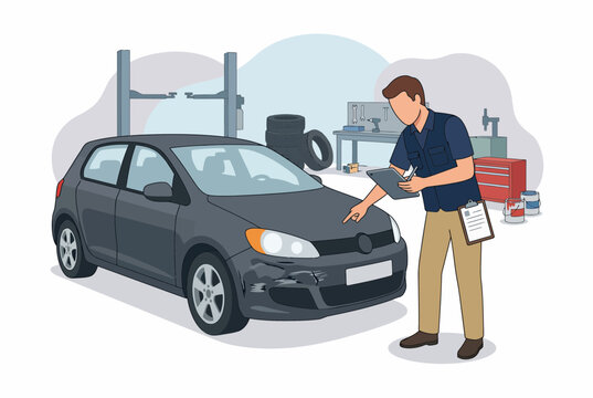 Car Accident Insurance Expert Reviewing Vehicle Damage for Claim