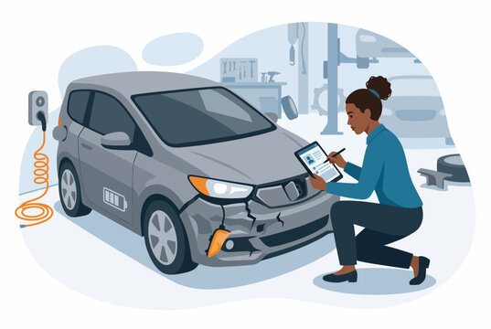 Insurance Adjuster Inspecting Damaged Electric Car for Claim Process