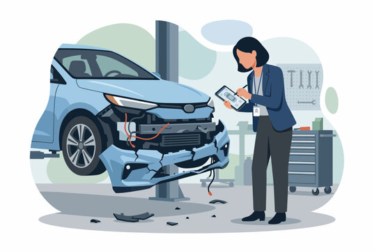 Car accident insurance expert assessing damaged vehicle in garage