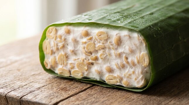 Fresh Raw Tempeh Wrapped in Banana Leaf on a Rustic Wooden Board