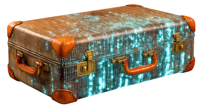 Vintage suitcase is covered with glowing neon blue data streams, creating futuristic digital appearance. combination of old and new elements evokes sense of mystery and innovation., isolated