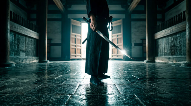 Samurai standing in dark temple hallway holding unsheathed katana sword, dramatic lighting on blade reflection, traditional Japanese architecture. Martial arts, history, cinema, warrior culture.