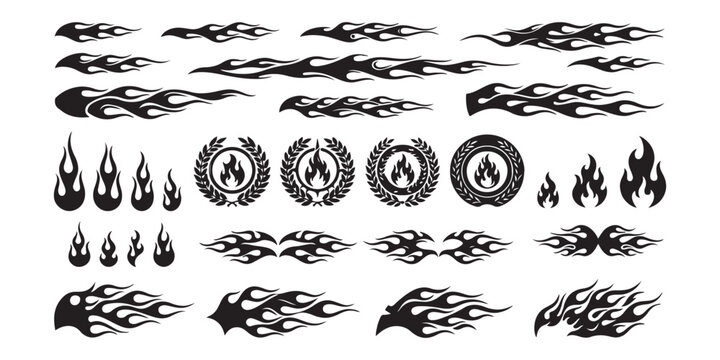 Set of black tribal fire flame decals and burning fire icons for car stickers and design elements