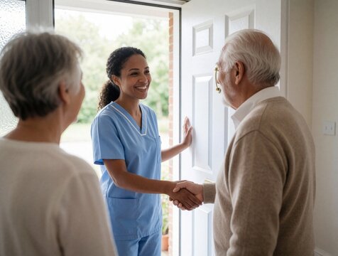 Smiling young female nurse in blue scrubs shakes hands with senior man at front door. Professional caregiver arrives at house to visit elderly couple. Helpful medical assistant greets retired clients