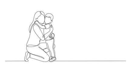 Fototapeta premium Single line art drawing of a mother kneeling and hugging her child with continuous line family bond monoline