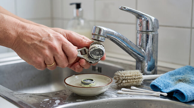 Cleaning calcium buildup from faucet aerator, hard water limescale removal and plumbing maintenance