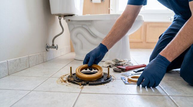 Plumber replacing toilet wax ring at floor flange, leak prevention and bathroom fixture repair