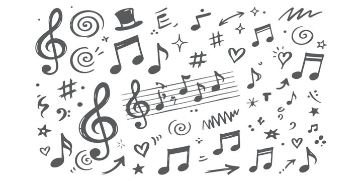 Set of hand drawn music notes and musical symbols in pencil sketch style