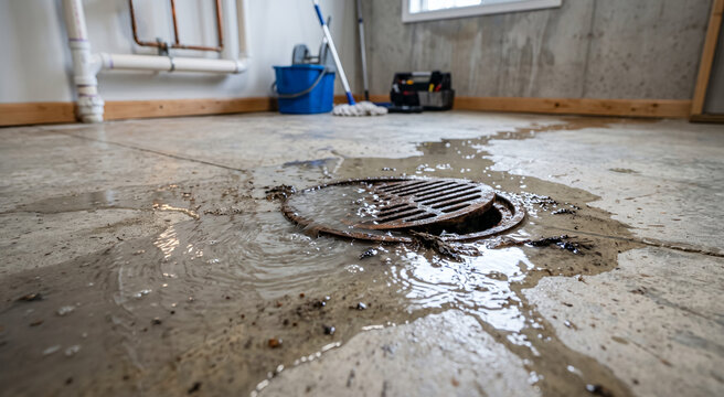 Floor drain sewage backup flooding basement, plumbing emergency and contaminated wastewater overflow