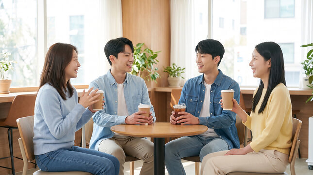 카페에서 커피를 마시며 대화하는 아시아 친구들 &middot; Asian Friends Chatting Over Coffee in Cafe