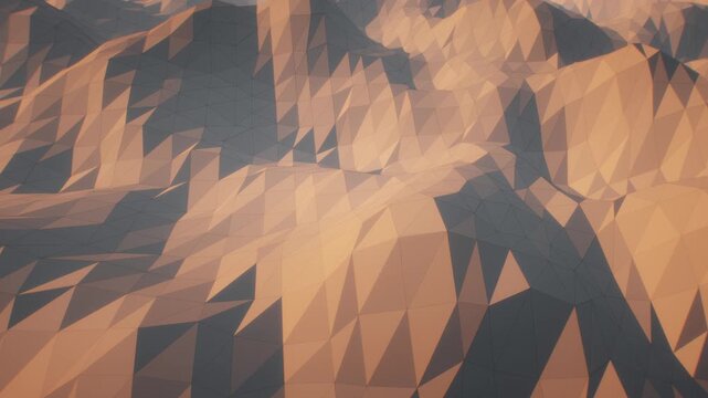 Warm low poly mountain terrain illuminated by soft sunlight casting geometric shadows across facets in a desert 3D animation