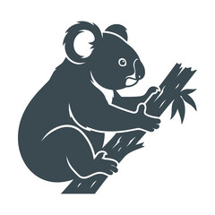 Black silhouette icon of a cute koala bear sitting and climbing on a tree branch Vector © alien AZ