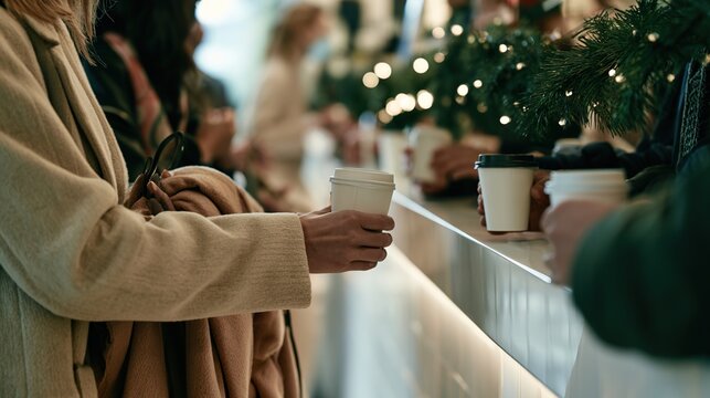 Customers at a cozy coffee shop counter hold takeaway coffee cups beside a decorated Christmas tree, while warm holiday lights glow around the counter and people wait for their drinks.