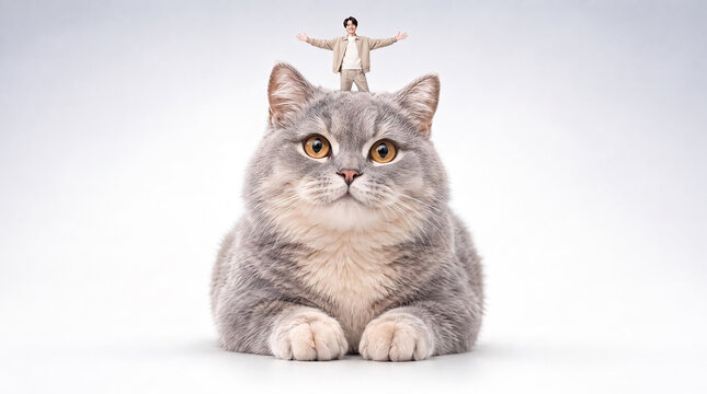 거대한 고양이 머리 위에 선 작은 남성 &middot; Tiny Man Standing on Head of Giant Gray Cat