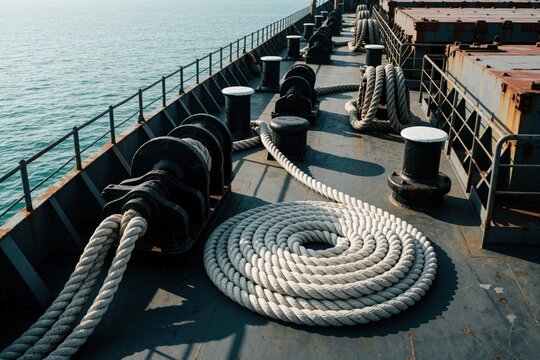 Coiled white mooring rope lies on steel ship deck near heavy metal winches, bollards. Nautical equipment sits on vessel deck with calm blue ocean background. Industrial maritime gear used for