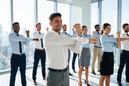 Group of diverse business people stretching exercises in modern office. Happy employees follow coach for morning warm up to improve health, mobility. Teamwork fitness class at workplace helps staff